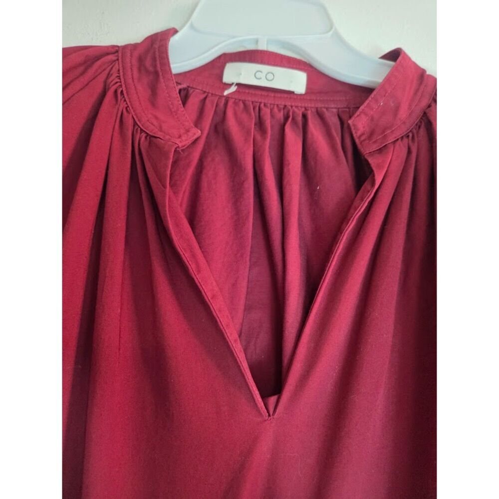 CO Women Dark Red V-Neck Puff Sleeve Poplin 100% Cotton Boxy Blouse size Small - Picture 6 of 9
